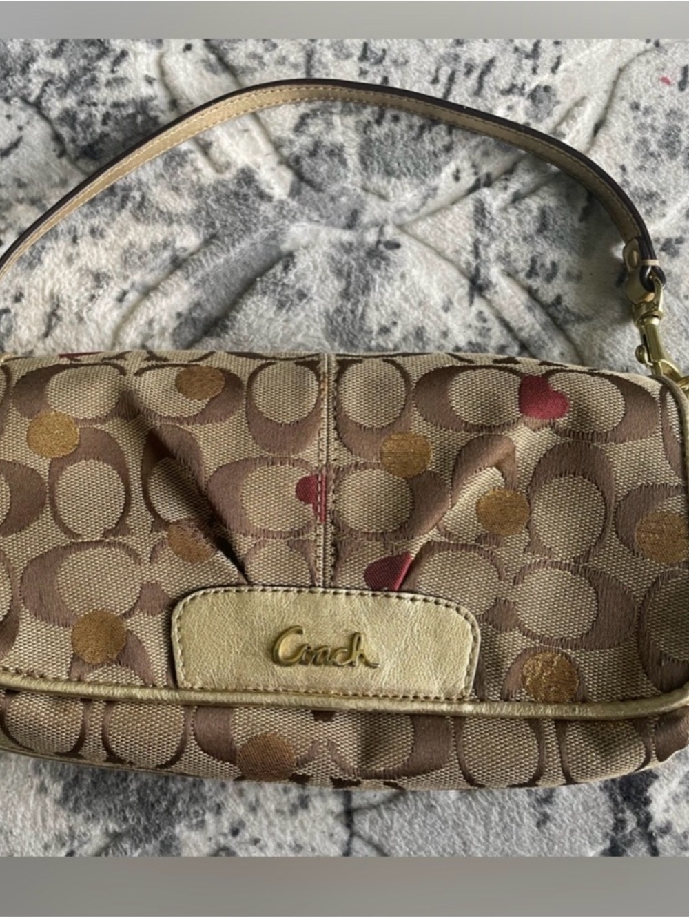 Coach Tan Signature Shoulder Bag with Gold and Red Dot Accents